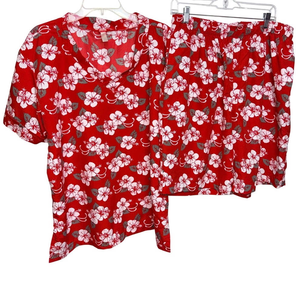 Confecciones Ledys Tropical Hibiscus Mens Red Shorts/Top 2pc Set‎ Hawaiian Vacay